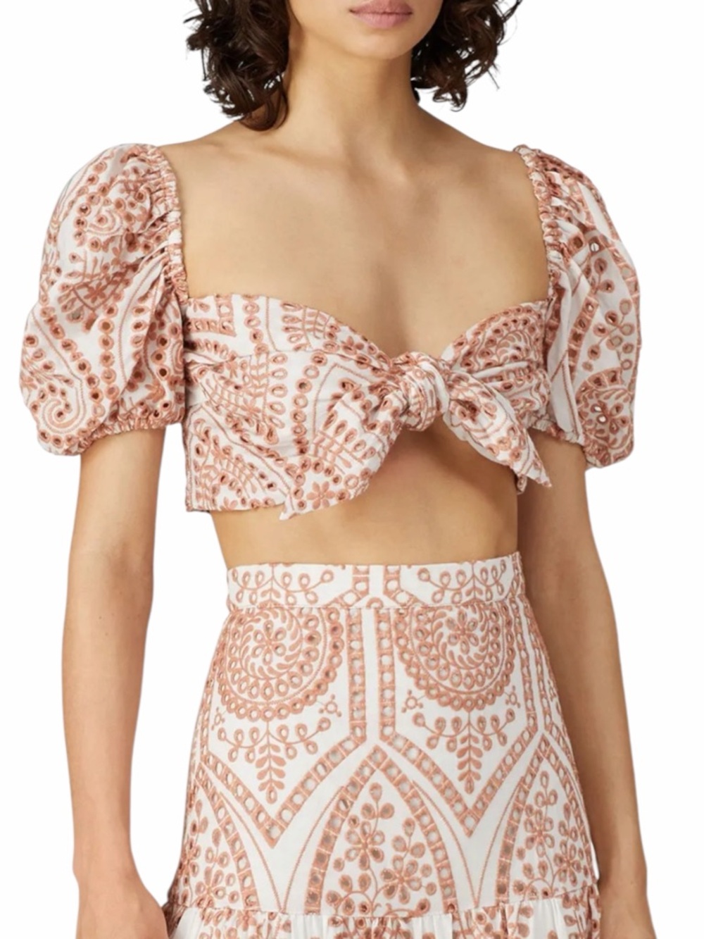 Bardot Eyelet Tie Front Crop Top Puff Sleeve White Tan Embroidered Boho EUC S - Picture 4 of 13